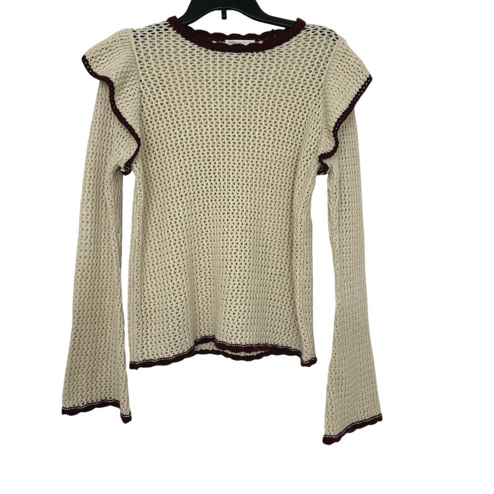 Coquette Ruffle Trim Open Knit Sweater Cream Burgundy Bell Sleeve Indie Boho S